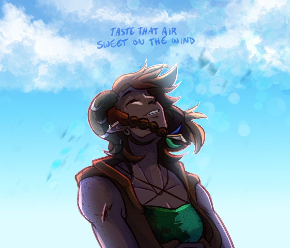  Tiefling monk, eyes closed and head towards an open sky sighing with content. The caption above her head reads “taste that air sweet upon the wind”