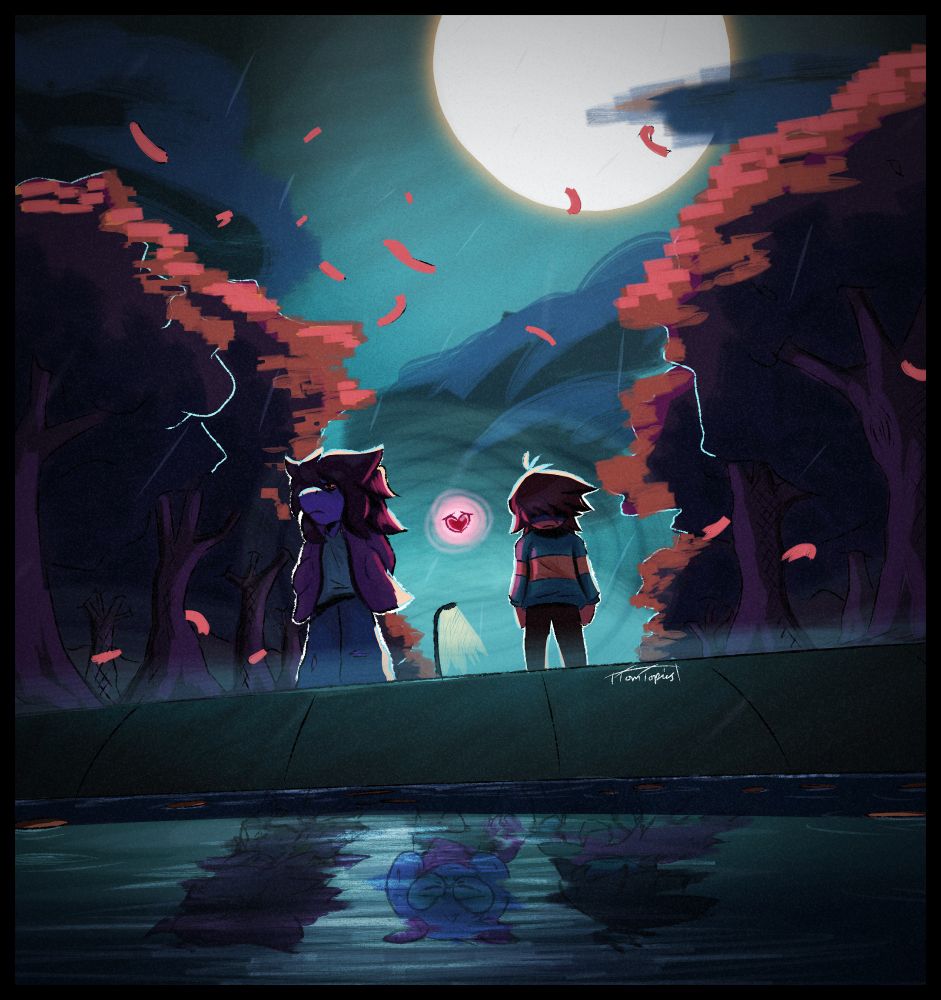 Kris, Susie and the Soul stand over the lake in Hometown at night, with reflections of their dark world selves bouncing off the water