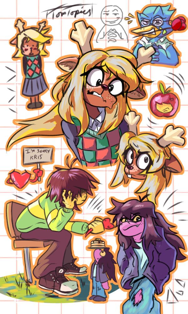 sketch page of different Deltarune characters like Kris, Noelle, Susie and Berdly in different expressions and poses