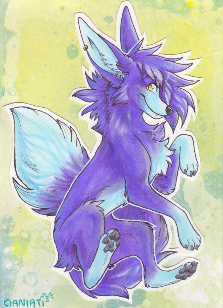 Happy, floating fox-like, purply-blue creature floating in front of a greenish bubble texture background