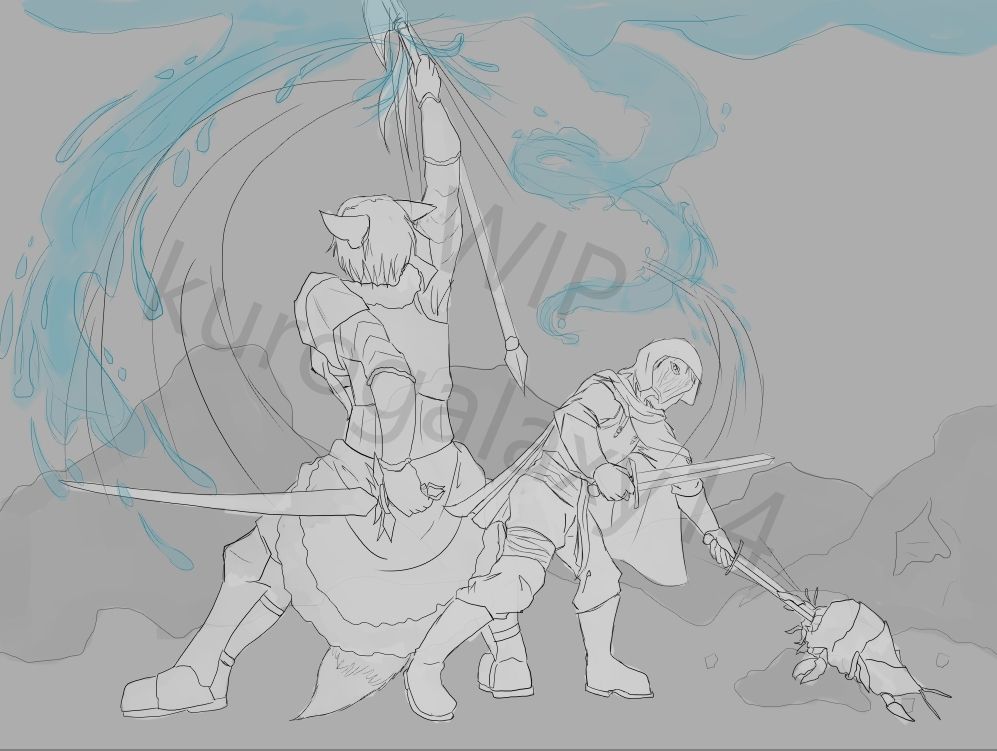 A battle scene, with a massive fox woman in heavy armor slashing and stabbing upwards at a stream of water on the ceiling. Behind her, watching her back, a masked human rogue slices through a tendril of the same water, while also stabbing into the eye of a giant bug. 