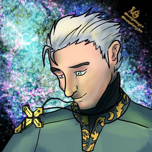 Dimitri, a young cleric with short white hair and a cross necklace, looking slightly downwards against a starry purple, blue, and greenish background. 

https://artfight.net/character/2105892.dimitri
