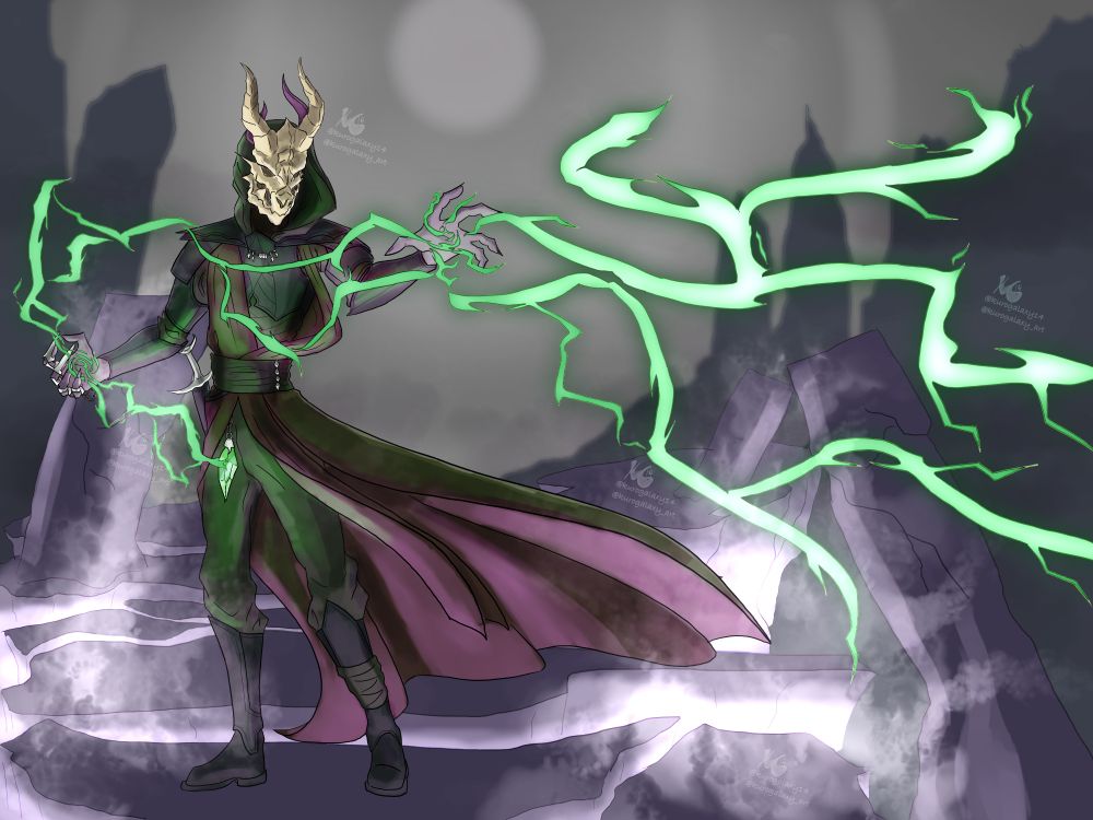 A dark sorcerer stands atop some split apart stone platforms. He is channeling green lightning-esque magic from a crystal, through his hands and outwards. He wears long robes and light leather armor. 