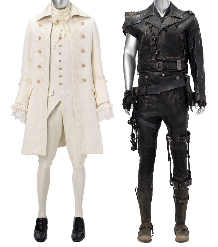 a collage of images of 2 of the costumes from the OFMD auction: Stede's white ensemble from s1 ep 3, and Ed's classic leather outfit from s1