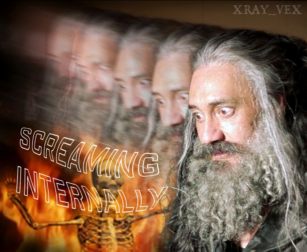 meme of ed teach - there are overlapping/repeated images of him staring off into space, where the images get more blurred/transparent the further away they are. text over the top says "screaming internally" and there is an image of a skeleton in flames semi-transparent behind the text