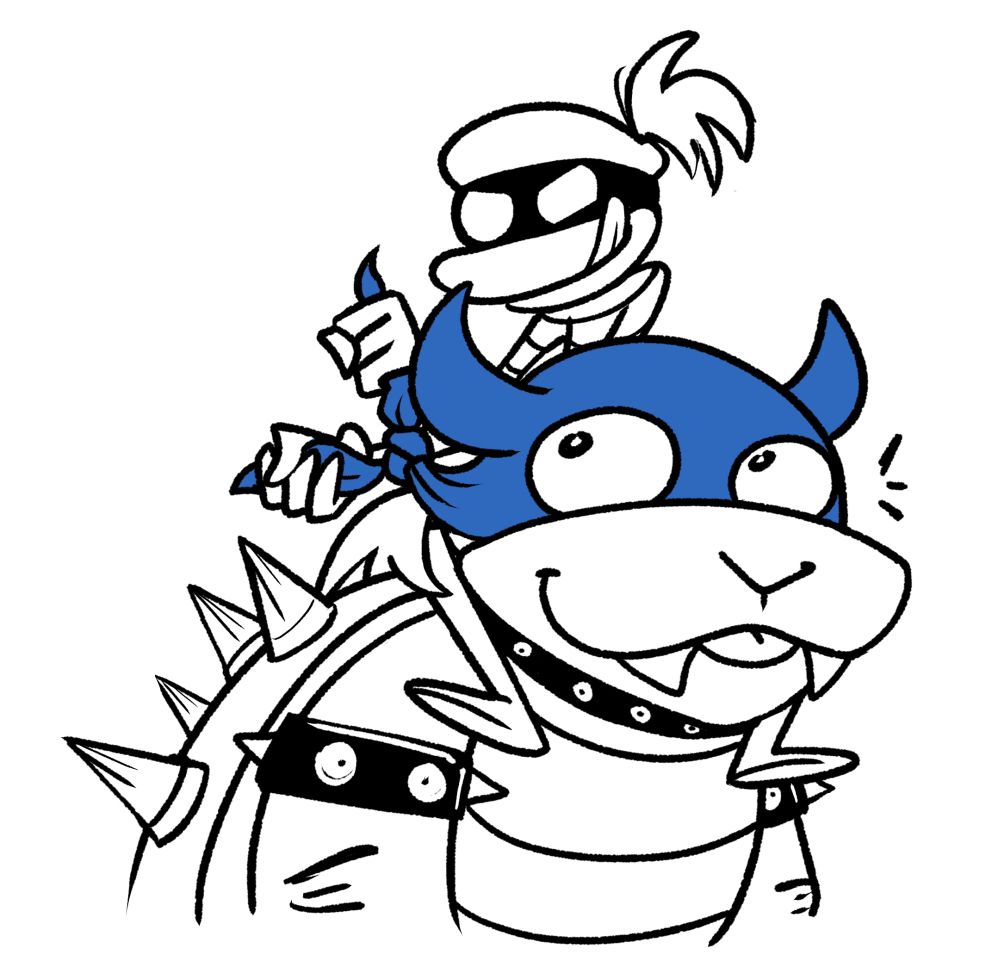 Popple sitting on Rookie-Bowser's shoulders and tying his mask on for him. They are both poking their tongues out.