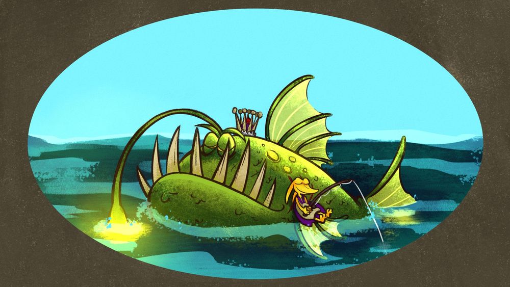 Lord Woo Fak Fak, a giant anglerfish, is floating on the surface of the ocean with his glowing lure dipped below the water. King Jingaling, who is a Jinjo (a pointy-snouted and pointy-eared creature) sits at his side, resting on his fin, with a fishing pole of his own. They both have their eyes closed peacefully. Jingaling has his crown off, which is sat on the top of Lord Woo's head.