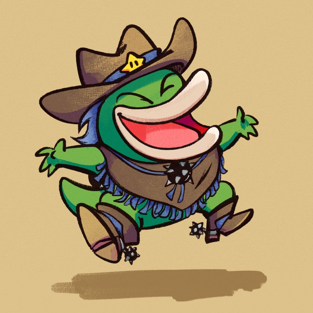 A Spike (Mario species) dressed in a cowboy hat with a blue hatband and a star emblem on the front. They are also wearing a brown poncho with blue fringe, and brown boots. They have a bolo tie made of one of their signature spike balls, as well as spurs made of tiny versions of the same. They are jumping happily into the air.