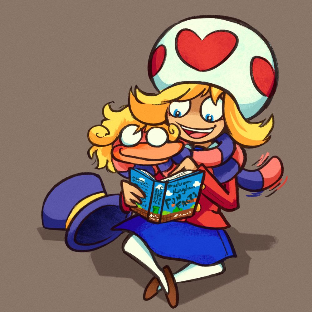 Vanna T with Chuck Quizmo curled around her shoulders. They are reading a book entitled "Mushroom Kingdom Fun Facts". Chuck is wagging his tail.