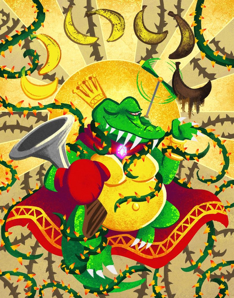A lineless digital painting of King K. Rool with his cape flowing out behind him. His eyes are closed, but his bloodshot one is ever so slightly open. His right hand is wearing a boxing glove, and he cradles his blunderbuss under that arm. His left hand is raised, and above him arch seven bananas, each successive one from left to right in an increased state of decay, until the final one above his hand is melting with rot. His kopter-pack pokes up from behid him as well. Vibrant brambles curl around him, with darker ones further in the background. A halo-like burst of light emanates from behind his head.
