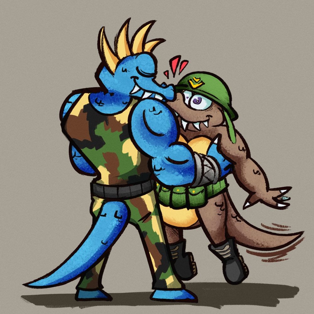 Krusha lifting Klump off the ground and nuzzling snouts with him.