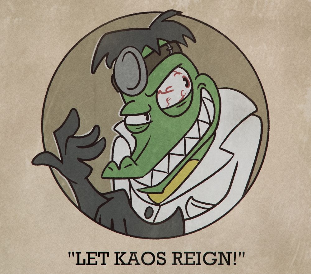 Baron K. Roolenstein in the style of a Cuphead boss losing-screen. His quote is "LET KAOS REIGN!"