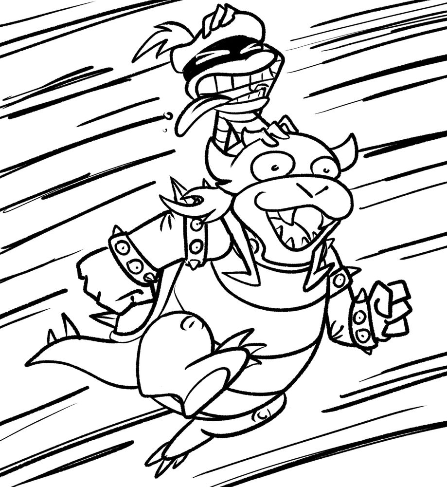 Popple riding on Rookie-Bowser's shoulders as he leaps or runs.