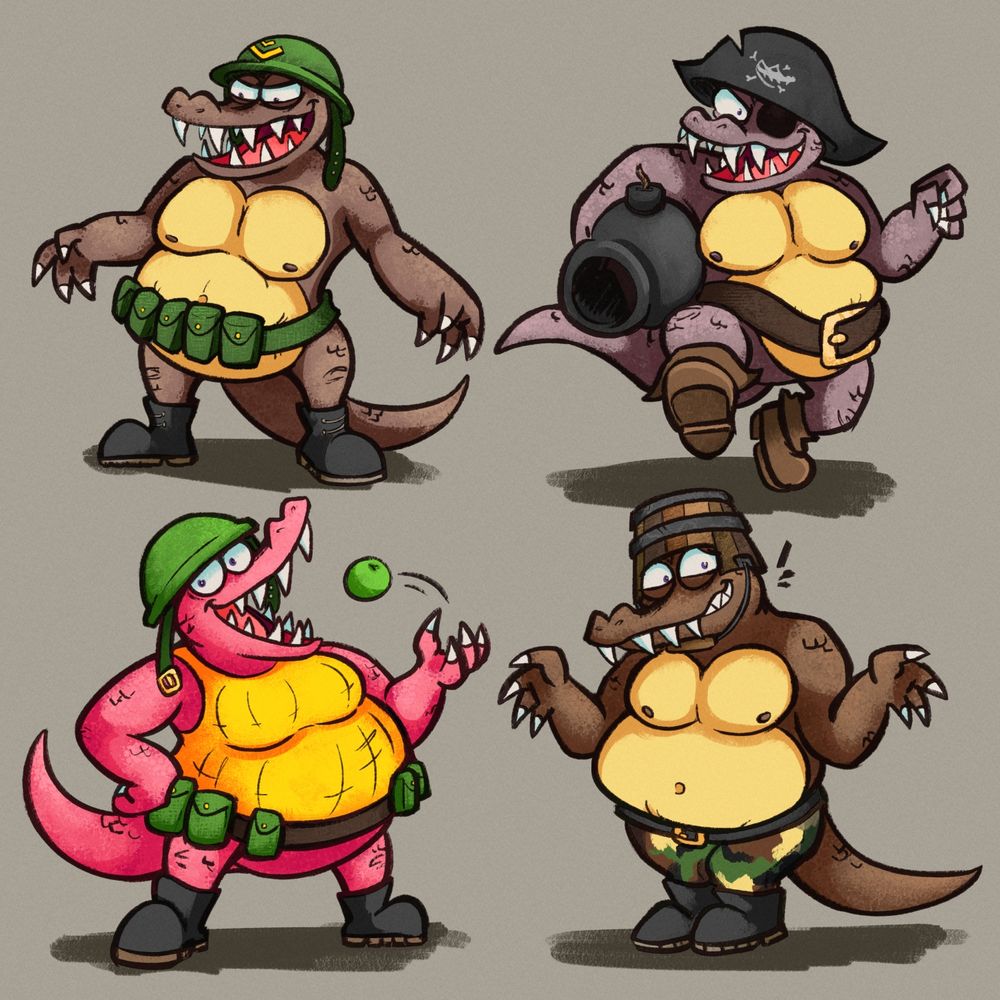 Colored illustrations of Klump from the Donkey Kong series in his appearances from DKC, DKC2 (where he's known as Kannon), DK64 and Barrel Blast. I thought about including the cartoon but it would just be a recolor of DKC. If you read this, let me know if you want to see the cartoon version and I will draw him again :)