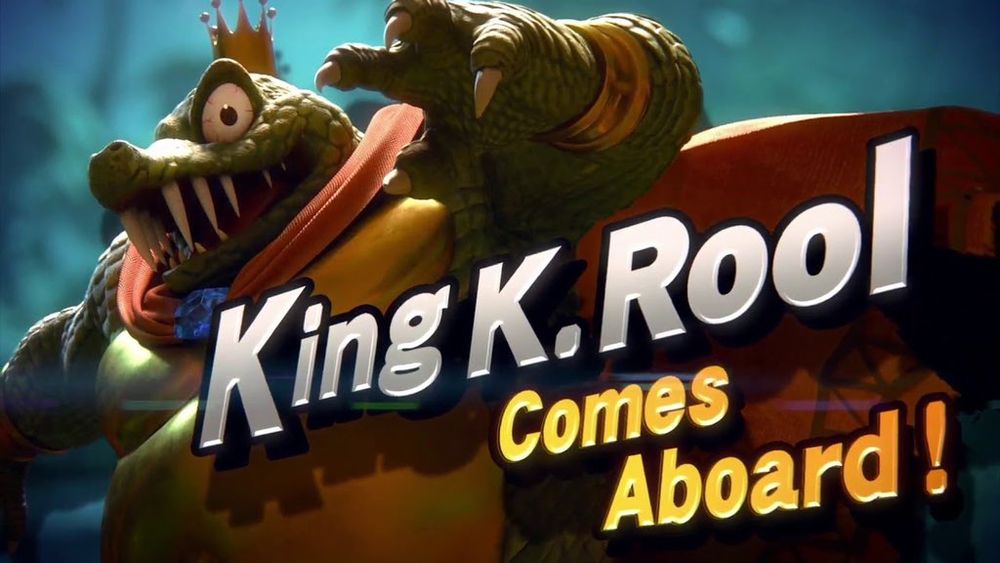 "King K. Rool Comes Aboard!" splash screen from his Smash trailer reveal.