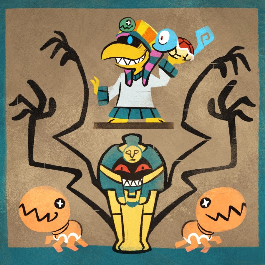 Tutankoopa from Paper Mario holding a Squirtle (who is withdrawn into its shell except for the head/tail) in his hand as if he's about to throw it. Below him is a Cofagrigus and two Trapinches. Tutankoopa also has a (shiny) Trapinch head on his headdress instead of a Chain Chomp. The art is drawn in a simplistic, mural-like style as if on the wall of a tomb or ancient temple.
