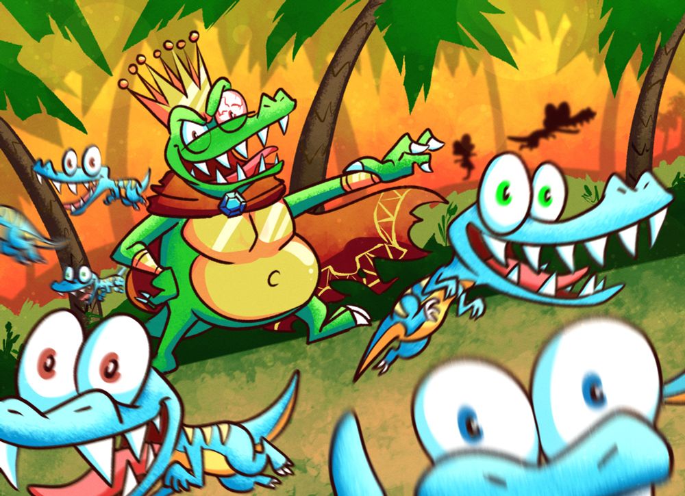 King K. Rool commanding a herd of Klaptraps to attack, as they run and jump happily towards the screen. The background is a jungle with vibrant sunset colors.