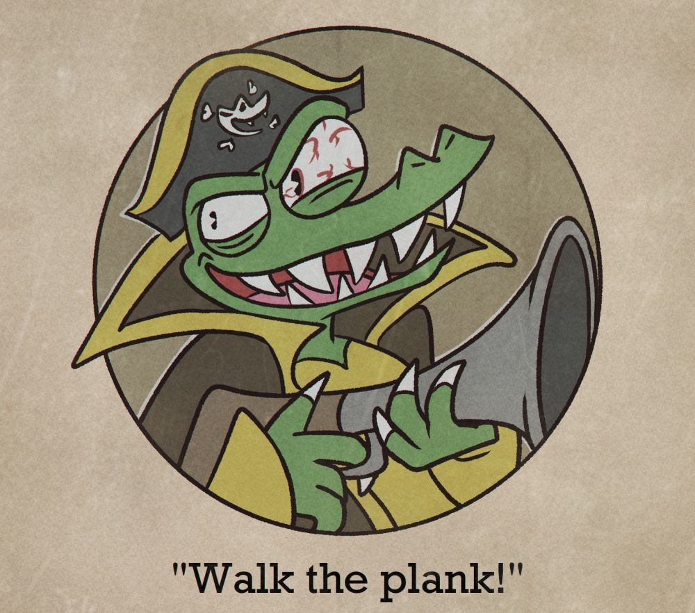 Kaptain K. Rool in the style of a Cuphead boss losing-screen. His quote is "Walk the plank!"