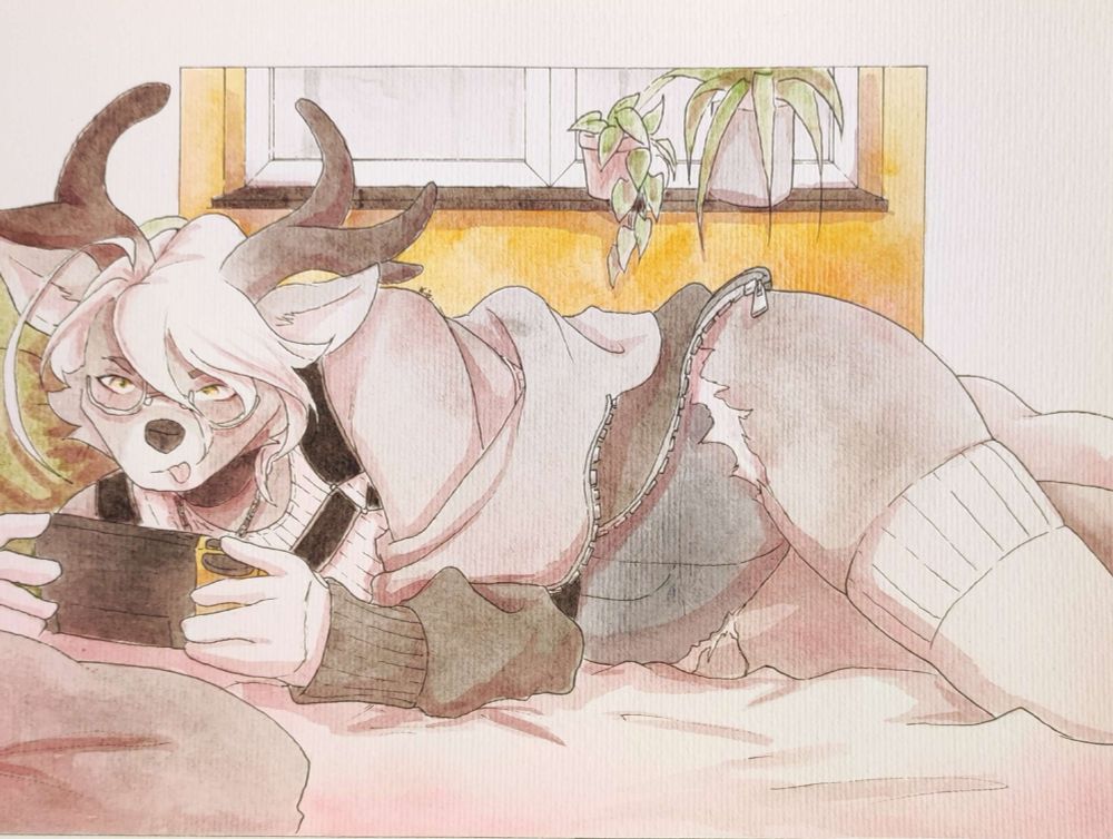 A watercolor painting of an anthropomorphic deer. They lay in a bed playing on a nintendo switch.