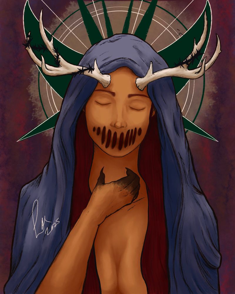 An illustration of a woman with long red hair covered in a blue shawl, she has antlers like a deer and her mouth is a grate of red holes in her flesh, black seeps from her fingertips and her hand is intended to be the ASL word for “Hungry”. 