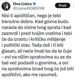 A tweet that says: 

"You are not apolitical, you're just having a good time right now. 

Only when the level of shit climbs to your floor, and when shit is there just outside of your home doors, and when the shit starts pouring in, *only then* you will grow a pair: and by pair I mean political opinion and critical thinking. 

You will be loud in voicing your opinion, but there won't be anyone to hear you -- those on the lower floors are already dead, drowned by shit, and those above you are still apolitical."