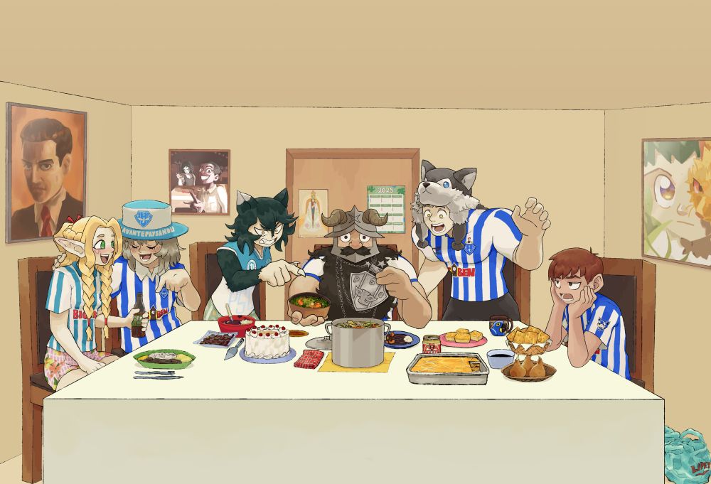 Crossover de Dungeon Meshi com a cultura paraense num geral, comissionado por uma amiga minha. Marcille, Falin, Izutsumi, Senshi, Laios e Chilchuck estão vestindo camisas do Paysandu enquanto comem numa mesa.