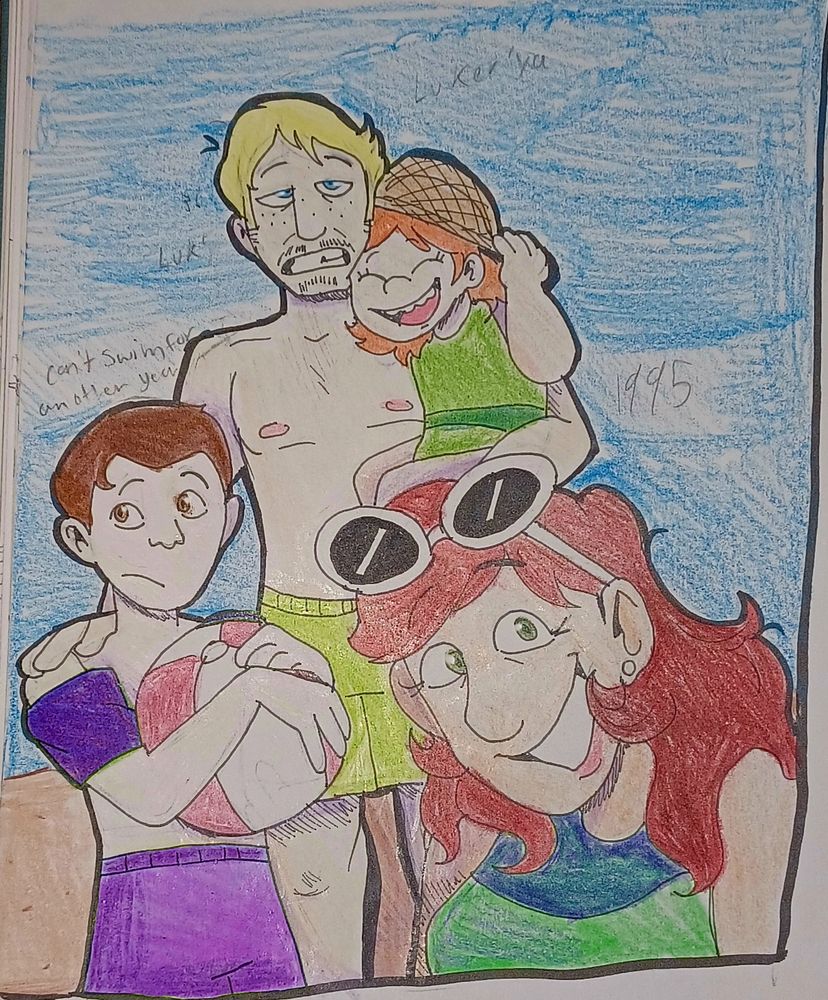 A family at the beach, the mother is closest to the camera, smiling, behind her is the father who has freckles and facial hair showing off his teeth, one of which is chipped. He is holding his young daughter, who is smiling with her eyes closes while holding a straw hat. On his left, is his son, who has purple water wings and a beach ball. 