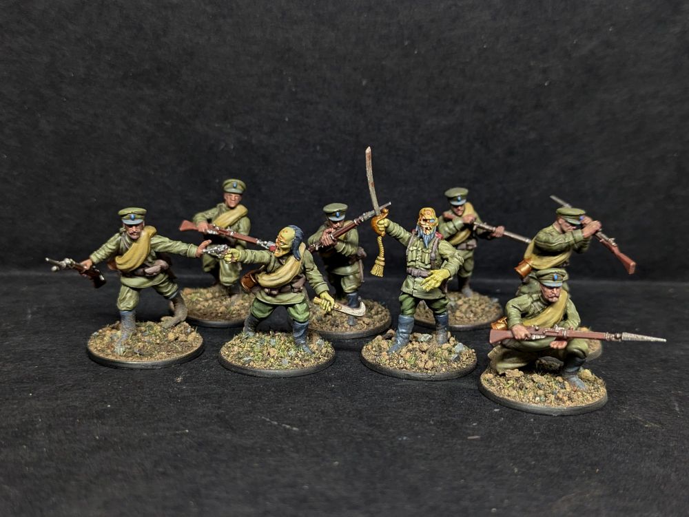 Warband of miniatures with two undead nobles leading a group of white soldiers in the Russian civil war