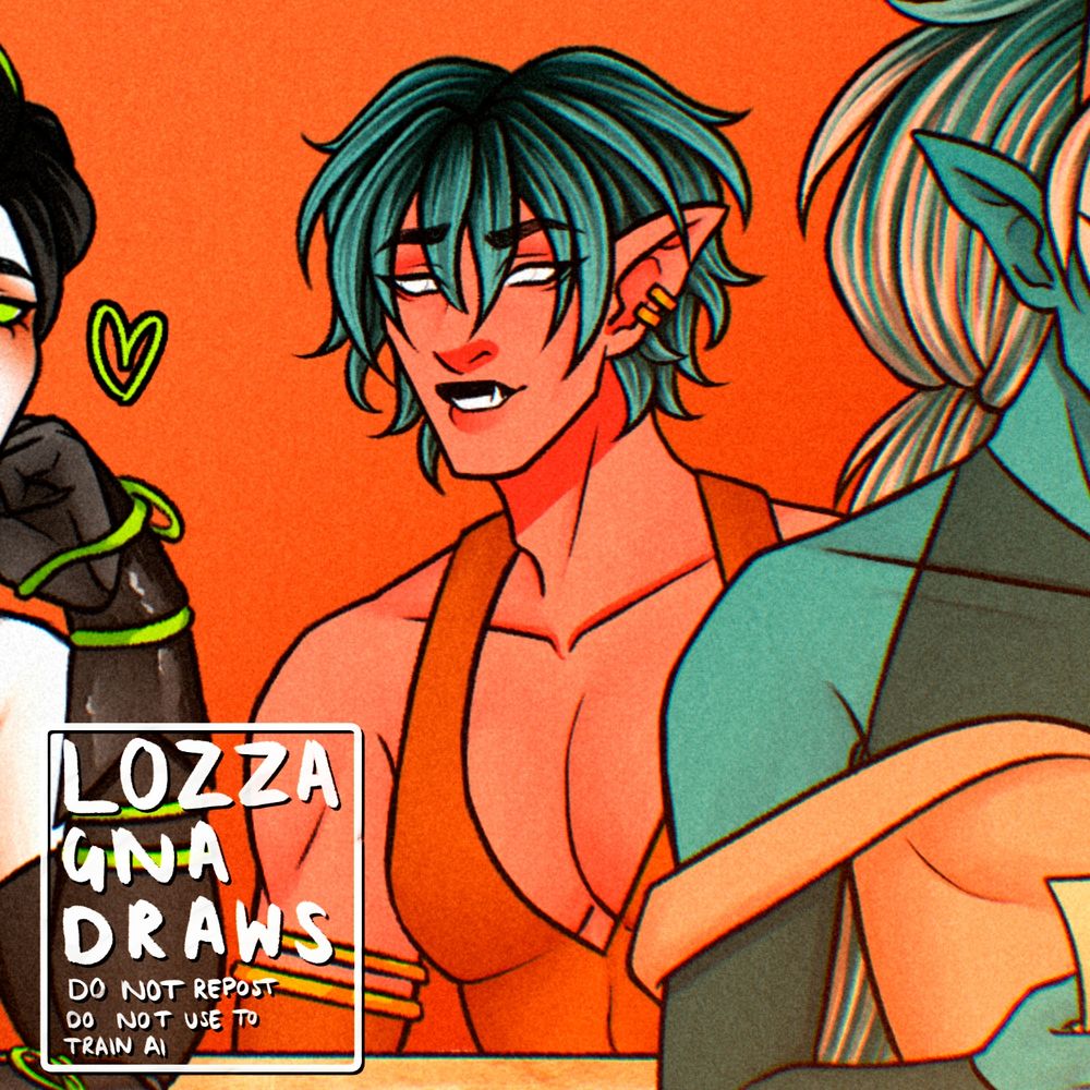 An illustration of a humanoid man with elf-like ears. He has coral-pink skin and teal hair, and grins at a man barely visible to the left of the image. 