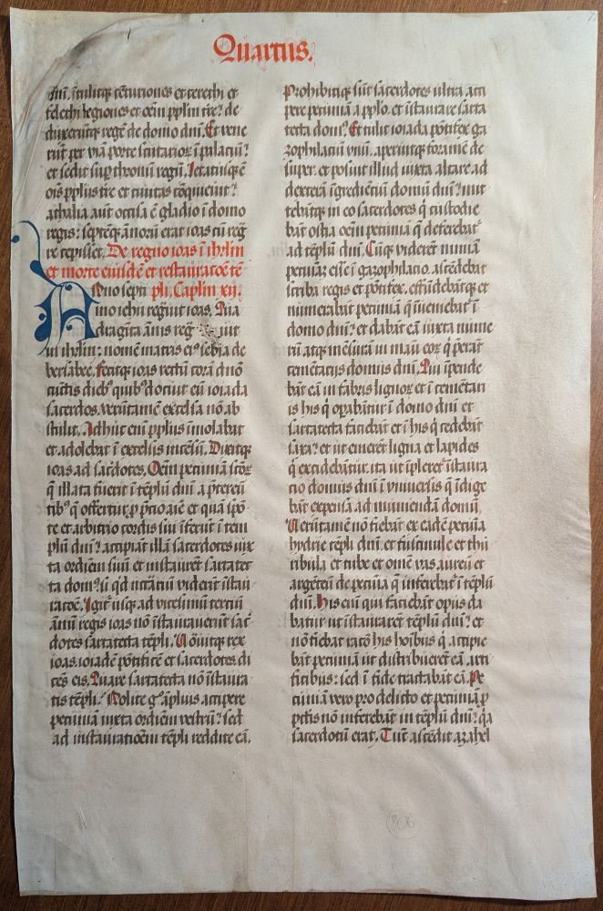 Parchment folio from a lectern Bible manuscript produced in Bohemia or Germany in 1507, preserving text from IV (II) Kings 11:18-13:14.