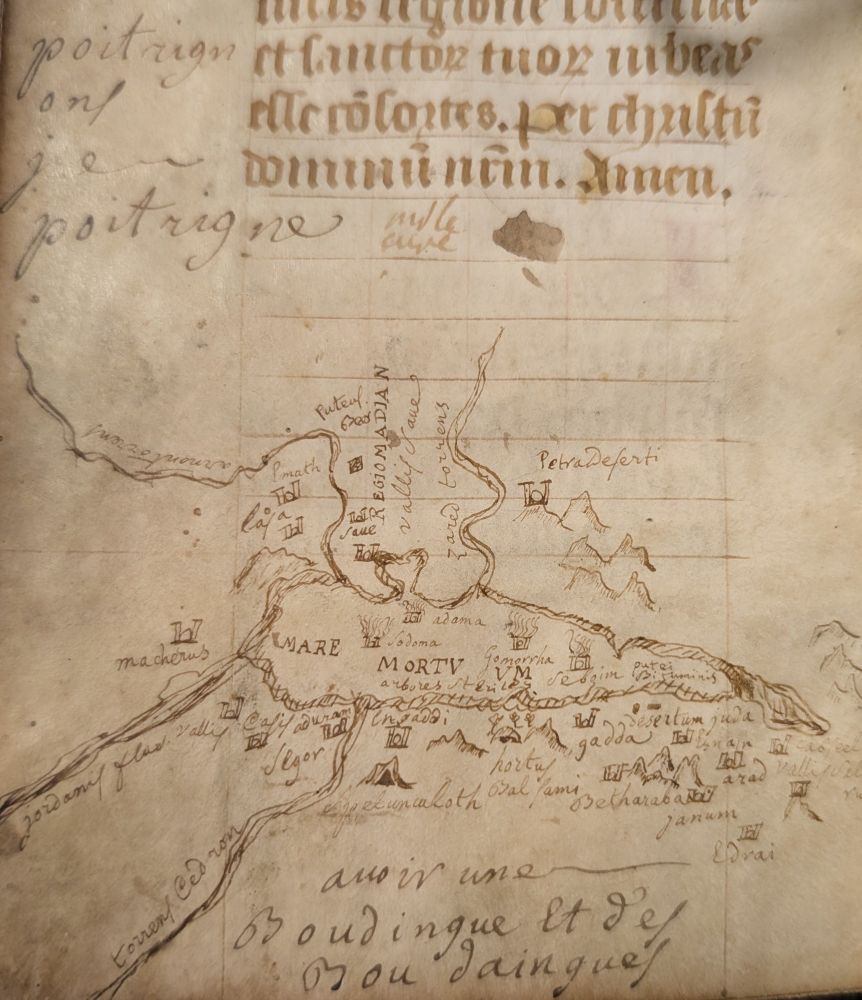 Manuscript map of the Dead Sea and environs, added to a 15th-century French book of hours.