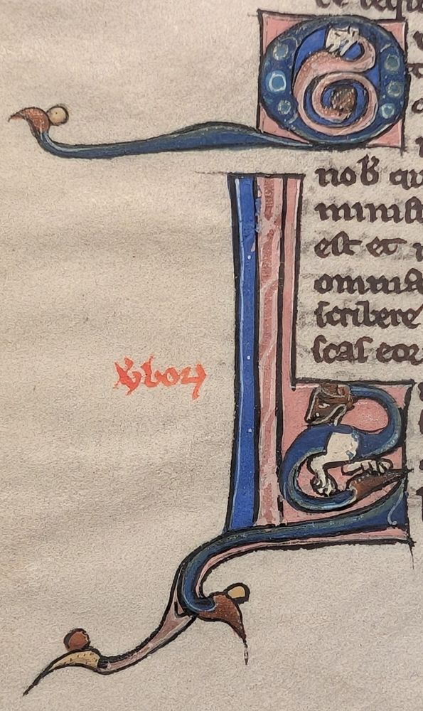 Pair of illuminated initials in a mid-13th century Parisian pocket Bible manuscript.