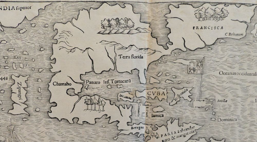 Detail of Sebastian Münster's Die neuwen inseln depicting North and Central America, with Japan off the west.