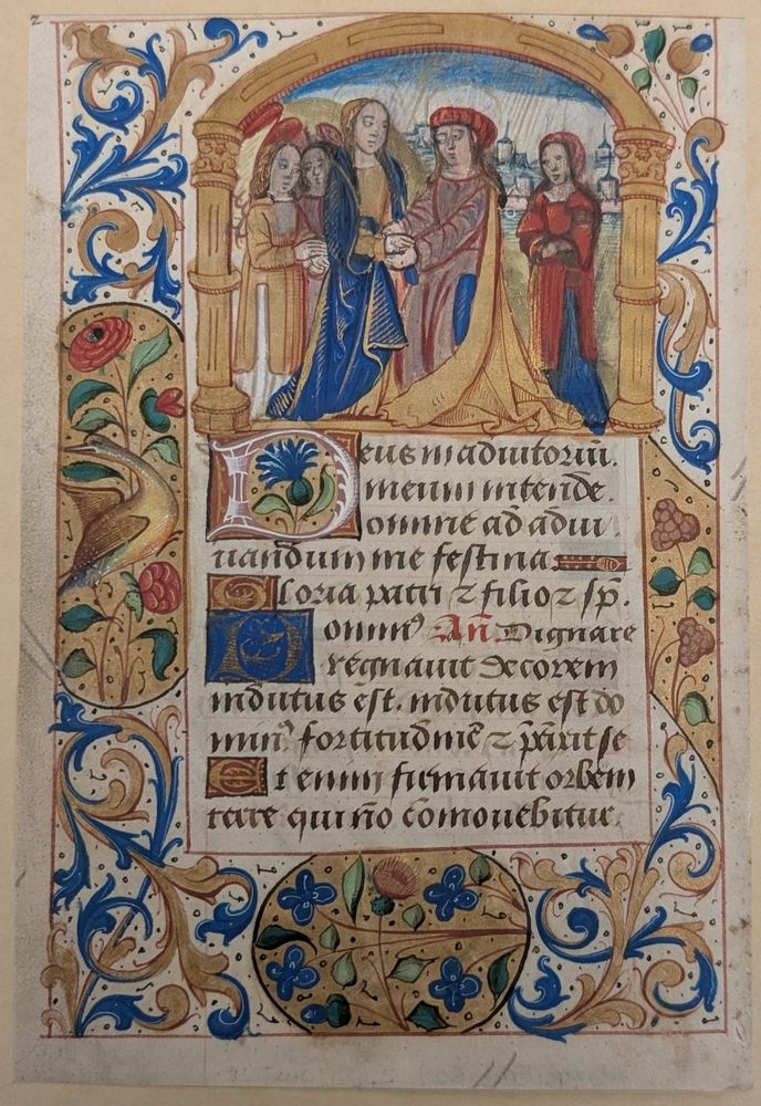 Illuminated leaf from a late-15th century French Book of Hours with an illumination of the marriage of Mary and Joseph at the top of the page.