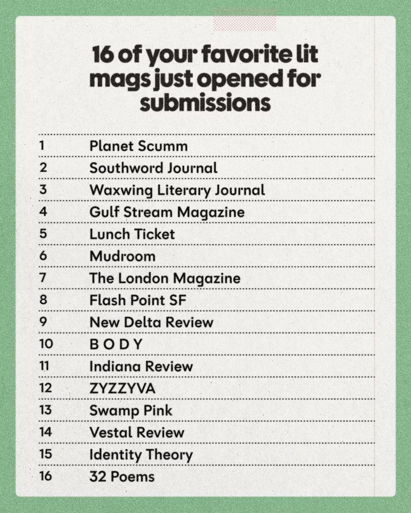 16 of your favorite lit mags just opened for submissions
1
Planet Scumm
2
Southword Journal
3
Waxwing Literary Journal
4
Gulf Stream Magazine
5
Lunch Ticket
6
Mudroom
7
The London Magazine
8
Flash Point SF
9
New Delta Review
10
BODY
11
Indiana Review
12
ZYZZYVA
13
Swamp Pink
14
Vestal Review
15
Identity Theory
16
32 Poems