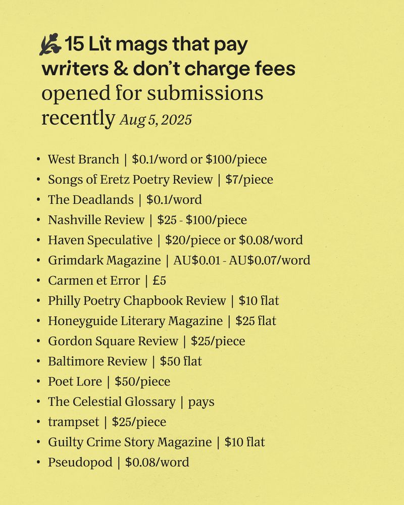 X 15 Lit mags that pay writers & don't charge fees opened for submissions recently Aug 5, 2025
• West Branch | $0.1/word or $100/piece
• Songs of Eretz Poetry Review | $7/piece
• The Deadlands | $0.1/word
• Nashville Review | $25 - $100/piece
• Haven Speculative | $20/piece or $0.08/word
• Grimdark Magazine AU$0.01 - AU$0.07/word
• Carmen et Error £5
• Philly Poetry Chapbook Review | $10 flat
• Honeyguide Literary Magazine | $25 flat
• Gordon Square Review | $25/piece
• Baltimore Review | $50 flat
• Poet Lore | $50/piece
• The Celestial Glossary | pays
• trampset $25/piece
• Guilty Crime Story Magazine | $10 flat
• Pseudopod | $0.08/word