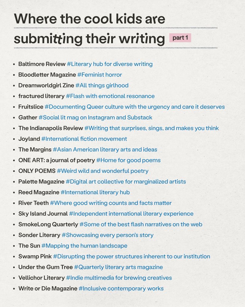 Where the cool kids are submitting their writing
part 1
• Baltimore Review #Literary hub for diverse writing
• Bloodletter Magazine #Feminist horror
• Dreamworldgirl Zine #All things girlhood
• fractured literary #Flash with emotional resonance
• Fruitslice #Documenting Queer culture with the urgency and care it deserves
• Gather #Social lit mag on Instagram and Substack
• The Indianapolis Review #Writing that surprises, sings, and makes you think
• Joyland #International fiction movement
• The Margins #Asian American literary arts and ideas
• ONE ART: a journal of poetry #Home for good poems
• ONLY POEMS #Weird wild and wonderful poetry
• Palette Magazine #Digital art collective for marginalized artists
• Reed Magazine #International literary hub
• River Teeth #Where good writing counts and facts matter
• Sky Island Journal #Independent international literary experience
• SmokeLong Quarterly #Some of the best flash narratives on the web
• Sonder Literary #Showcasing every person's story
• The Sun #Mapping the human landscape
• Swamp Pink #Disrupting the power structures inherent to our institution
•Under the Gum Tree #Quarterly literary arts magazine
• Vellichor Literary #Indie multimedia for brewing creatives
• Write or Die Magazine #Inclusive contemporary works

