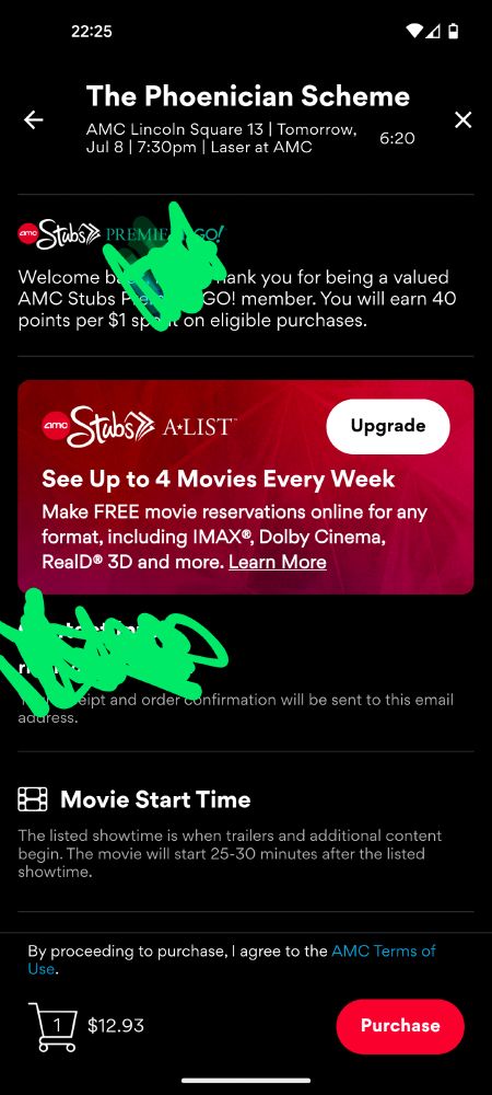 A movie ticket for The Phoenician Scheme at the AMC Lincoln Square that costs 12.73.