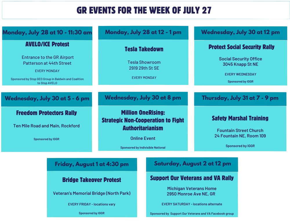 Wednesday, July 30 at 12 pm. Protect Social Security Rally at the Social Security Office, 3045 Knapp St NE

Wednesday, July 30 at 8 pm. One Million Rising: Strategic Non-Cooperation to Fight Authoritarianism. Online. A national effort to train one million people in the strategic logic and practice of non-cooperation, as well as the basics of community organizing and campaign design. This is how we build people power that can’t be ignored. You’re invited to join us—and lead. 

Session 2: How to Make it Happen - July 30 This train-the-trainer session is how we get to one million. Learn not just our strategy, but how you can train others and get them on board.

Thursday, July 31 at 7 to 9 pm. Safety Marshal Training, Fountain Street Church, 24 Fountain NE, Room 109 (Basement). Indivisible Greater Grand Rapids is looking to add safety marshals to their existing safety team and will be conducting a safety marshal training for those people interested in helping with rallies, protests, and marches.

Friday, August 1 at 4:30 to 6 pm. Bridge Takeover Protest. Veteran's Memorial Bridge (North Park)--Last one as Food truck Fridays end.

Monday, July 28 at 10 - 11:30 am. AVELO/ICE Protest. Patterson at 44th St at the entrance to the Grand Rapids Airport. Parking across the street at 4765 44th Street or Wendy’s. Every Monday! Sponsored by  Stop GEO Group in Baldwin and Coalition to Stop AVELO.

Monday, July 28 at 12 - 1 pm. Tesla Takedown Picketing Events are Back! 2919 29th St SE. Every Monday from 12 - 1 pm through the summer. 

Wednesday, July 30 at 5 - 6 pm. Freedom Protectors Rally. Ten Mile Road and Main, Rockford. Family Friendly really to protect first amendment rights, civil rights, and liberty and justice for all. Every Wednesday. Public Parking Lot P12 (directly off the bike trail) behind all the buildings in the first block of North Main St.

Saturday, August 2 at 12 pm. Support Our Veterans and VA Rally. Michigan Veterans Home, 2950 Monroe Ave NE, GR.