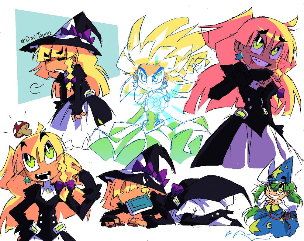 Heavily stylized drawings of Marisa Kirisame: top left, she sighs in exasperation. Top center, she is covered in yellow-green light as she charges her Mini-Hakkero. Top right, she grins as she wipes a dribble of blood from her mouth. 
Bottom left, she points nonchalantly to a mushroom on top of her head. Bottom center, she pauses mid-crawl with a book in her mouth (probably caught stealing from Patchouli again). Bottom right, a small doodle of Lady Mima~