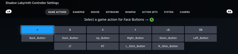 the controller settings for Shadow Labyrinth in Steam Input. all the normal gamepad buttons are listed as "Game Actions" as opposed to any actual game actions like "move" or "jump"
