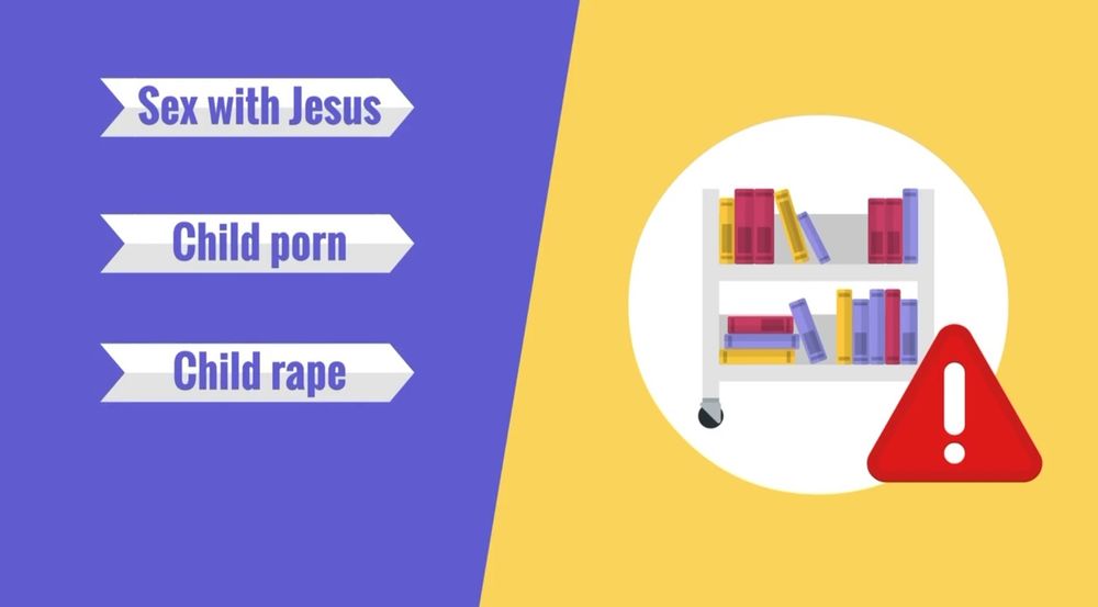 A screen warning people what librarians are supposedly forcing on kids.... sex with jesus! Child porn! Child rape! There was also one about grooming but it was hard to grab a screenshot with all four at once.