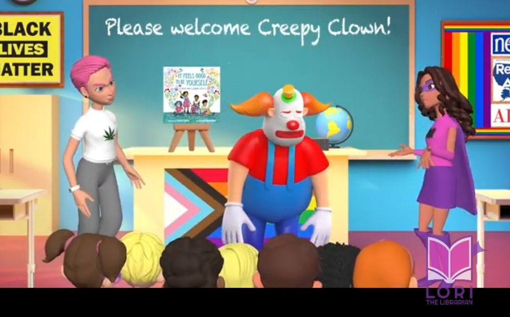 A screenshot from Lori The Librarian episode 1 that looks like it was animated with facebook avatars. The superlibrarian, in a purple Supergirl-indpired suit, scolds a clown and a pink-heared nonbinary teacher wearing a weed shirt for reading a book called "It Feels Good To Be Yourself." There are not enough characters to describe how dumb this looks.