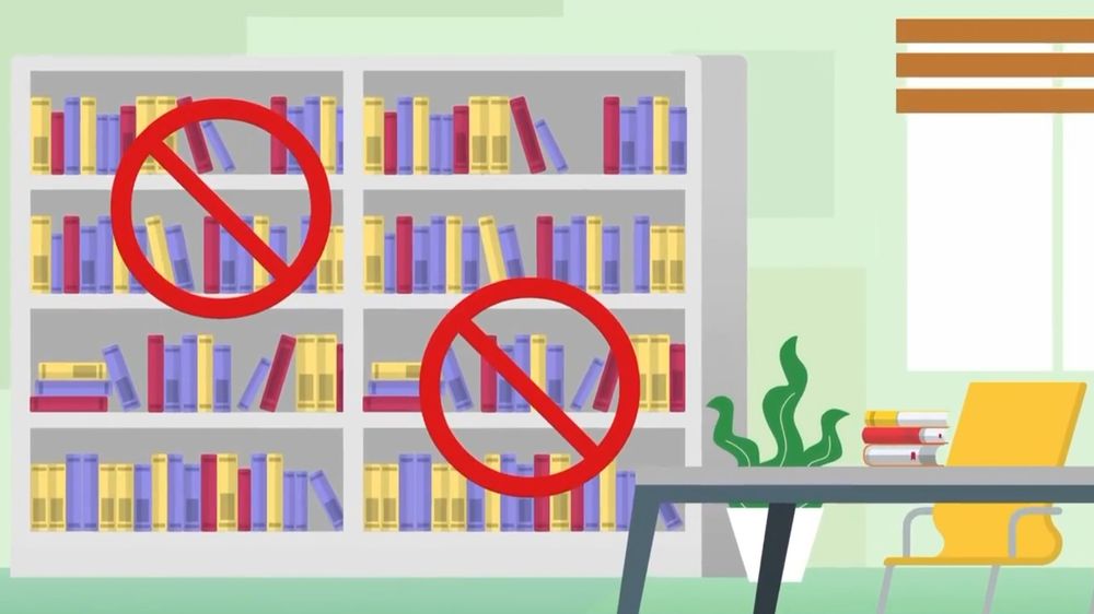 Art of bookshelves covered in prohibited signs.