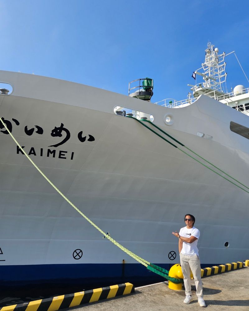 Coming from the developing world, the concept of deep-sea exploration has always been out of sight, out of mind. The opportunity only opened to me when I was selected as an OceanCensus participant to board JAMSTEC R/V Kaimei for the KM 24-03 (Leg 2) research cruise last year to explore the Kyushu-Palau Ridge and the Daito Islands. The latter is part of the Deep-Sea Archaic Refugia in Karst (D-ARK) project, whose main objective has been on the documentation of the deep-sea biodiversity found inside limestone caves. 

Now in its second year, I am lucky to be part of the project again to further explore the hidden biodiversity of the Daito Islands. This year's participation for the KM 25-06C research cruise was made possible by a Research Support Award granted by @DSBSoc.

Image: Kurt gesturing towards the docked R/V Kaimei from the adjacent pier.