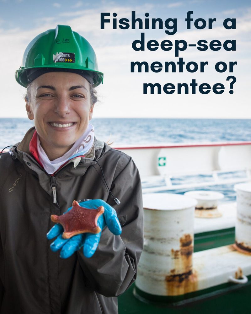 A deep-sea researcher is standing outside on the deck of a boat, smiling in a green hardhat, rain gear and blue latex gloves. She has a sea star laying in her outstretched palm. The deck of the ship is a dark green, and you can see the ocean on the horizon.  Photographer credits: Morgan Trimble, PhD.