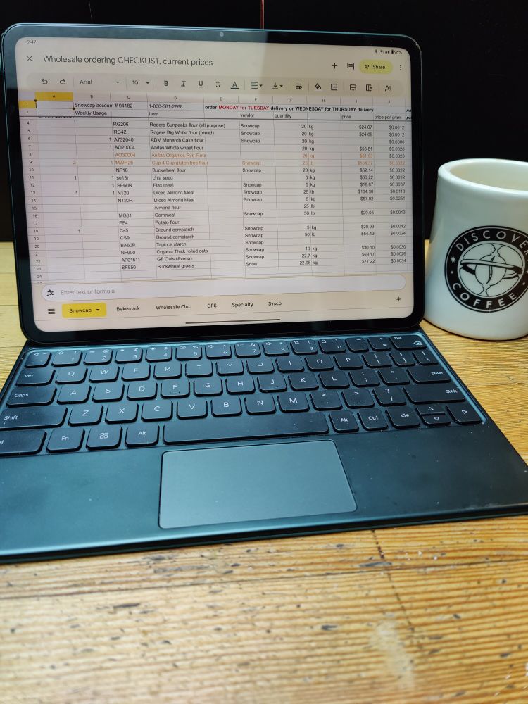 An open computer on a wooden table, has a spreadsheet displayed. A coffee cup with a Discovery Coffee logo sits beside the computer.