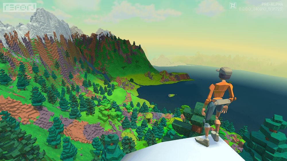 Pre alpha screenshot from Reforj showing a character looking down at a body of water from the top of a snowy cliff