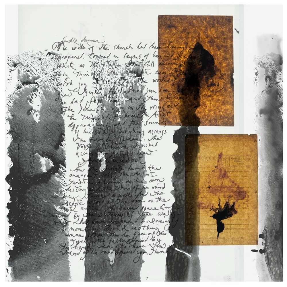 Album sleeve for Correspondences Vol. II, a black and white background image with handwritten text and two inset images of leaves from Chernobyl on golden brown paper.