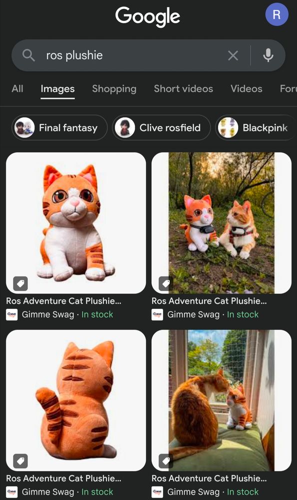 A screenshot of ginger cat plushies on Google after searching "Ros Plushie"
